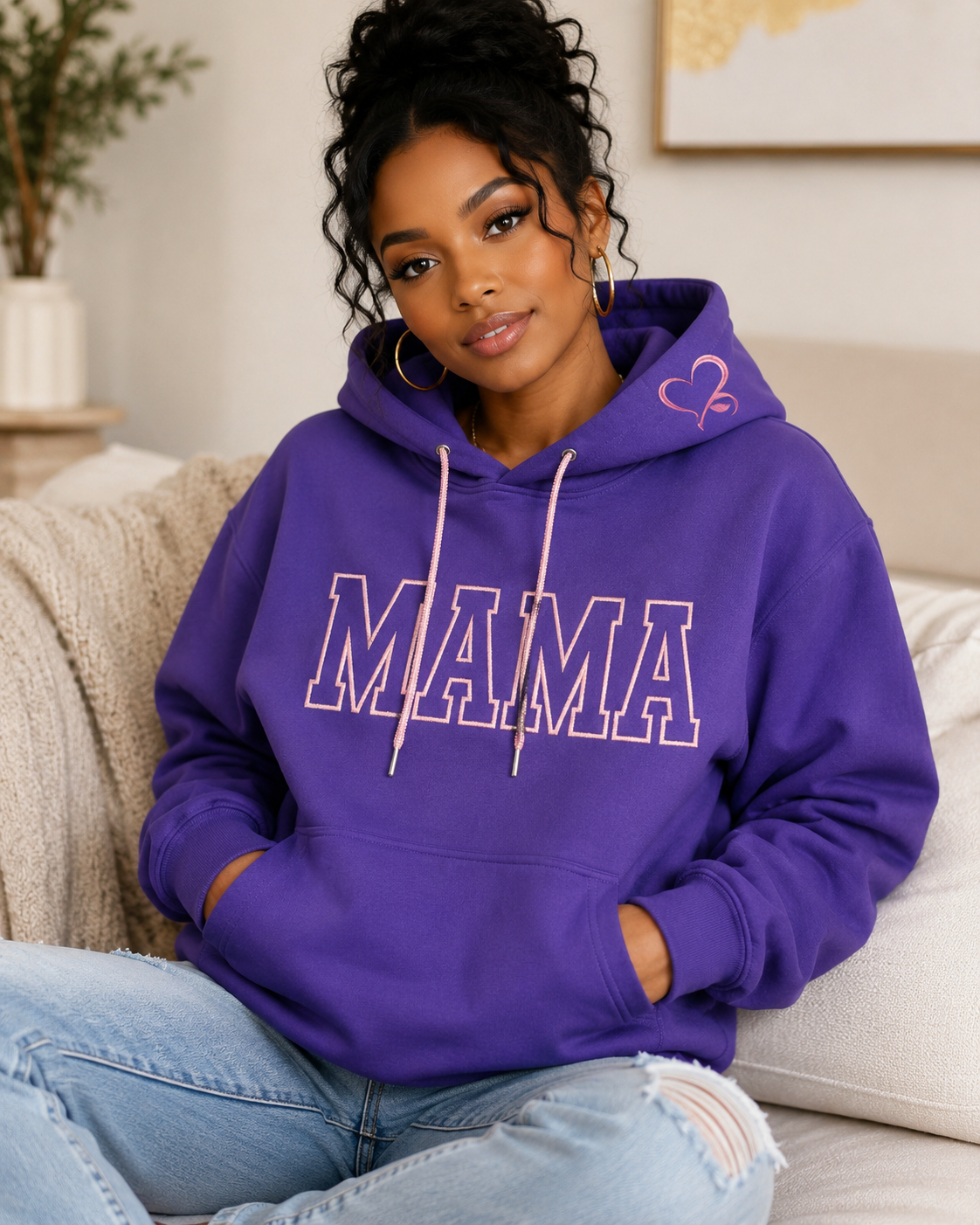 Mama Hoodie — Embroidered Heart & Bling Drawstrings