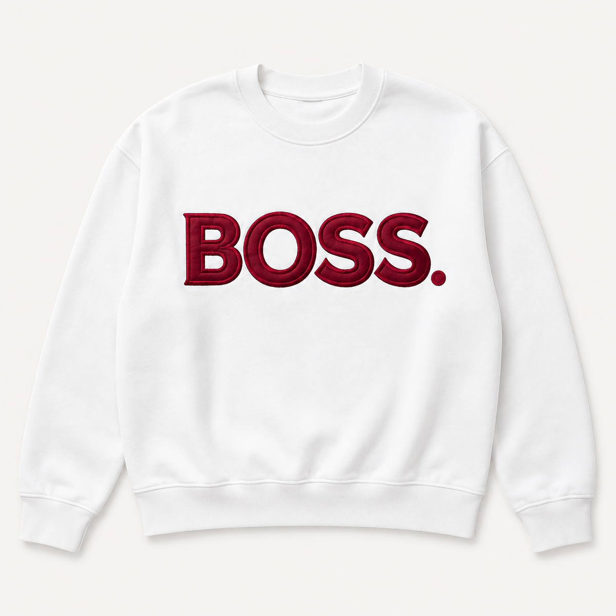 White BOSS satin applique embroidered sweatshirt flat lay