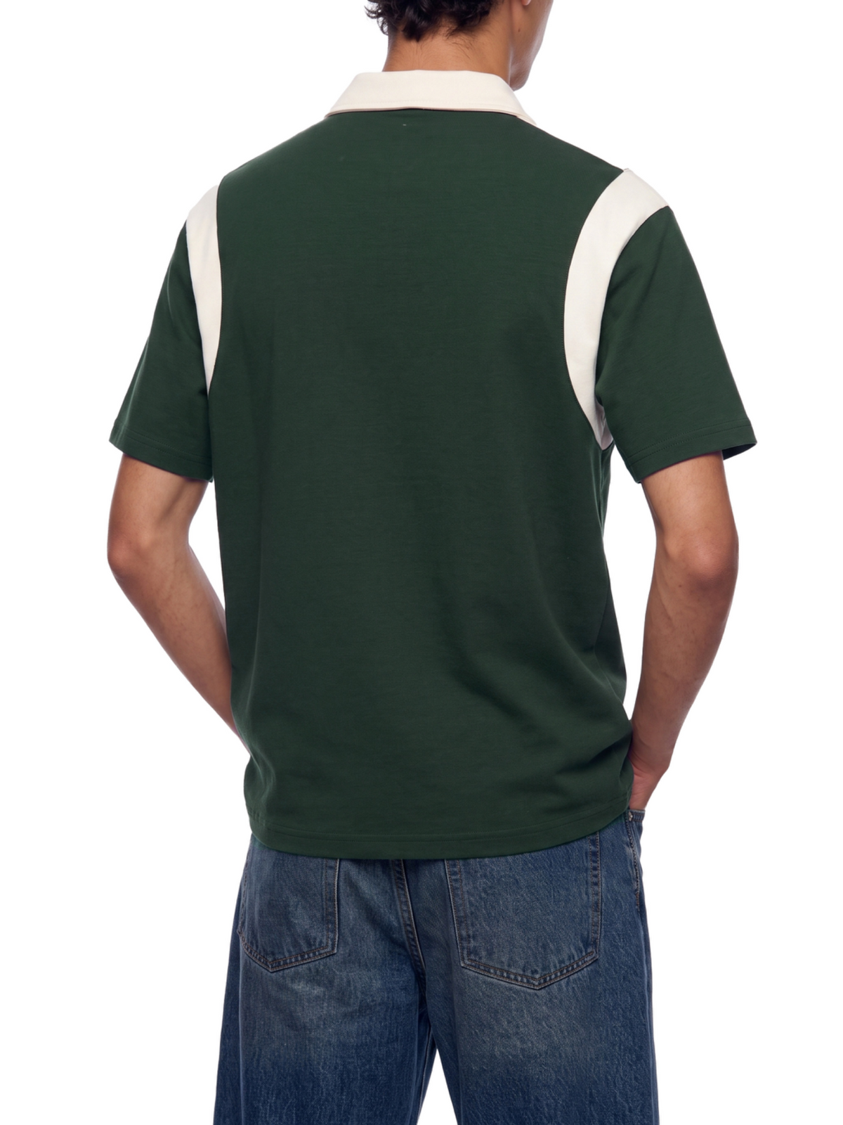 Green color block quarter zip polo on model back