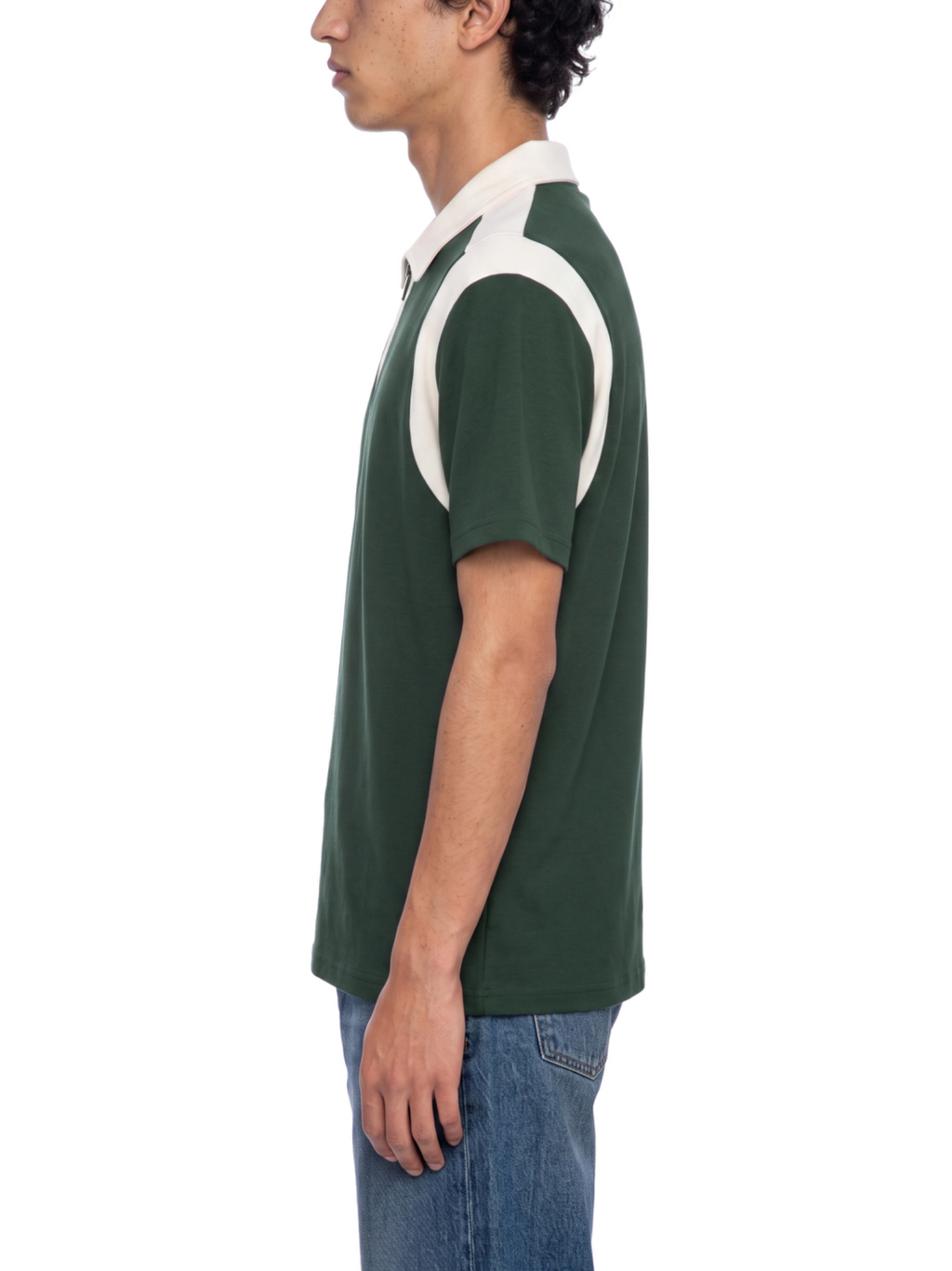 Green color block quarter zip polo side model view