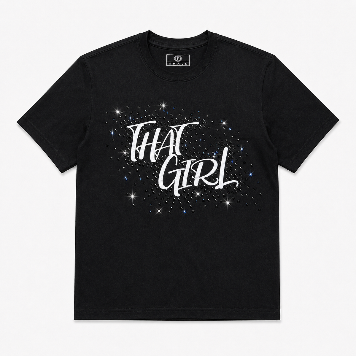 Flat lay of black THAT GIRL rhinestone statement tee